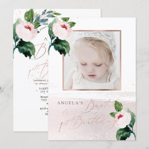 Invitation PixDezine Baptism+1er B'day Watercolor Blush Roses