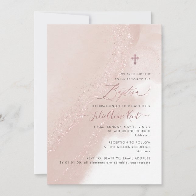 Invitation PixDezines Alcool Dusty Rose Rose Or Baptême (Devant)