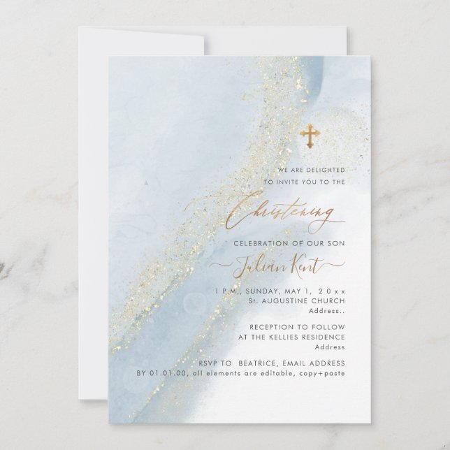 Invitation PixDezines Alcool+Encre Dusty Bleu Or Christening (Devant)