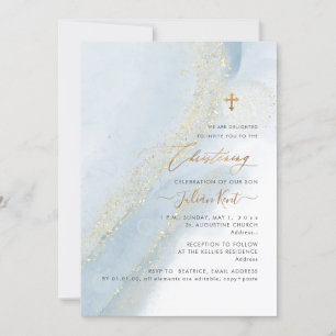 Invitation PixDezines Alcool+Encre Dusty Bleu Or Christening