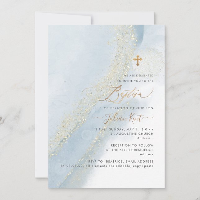 Invitation PixDezines Alcool+Encre Dusty Blue Gold Baptême (Devant)