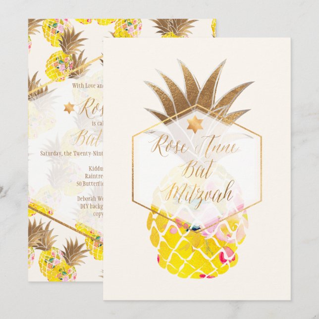 Invitation PixDezines Aloha Ananas/Aquarelle/Bat mitzvah (Devant / Derrière)