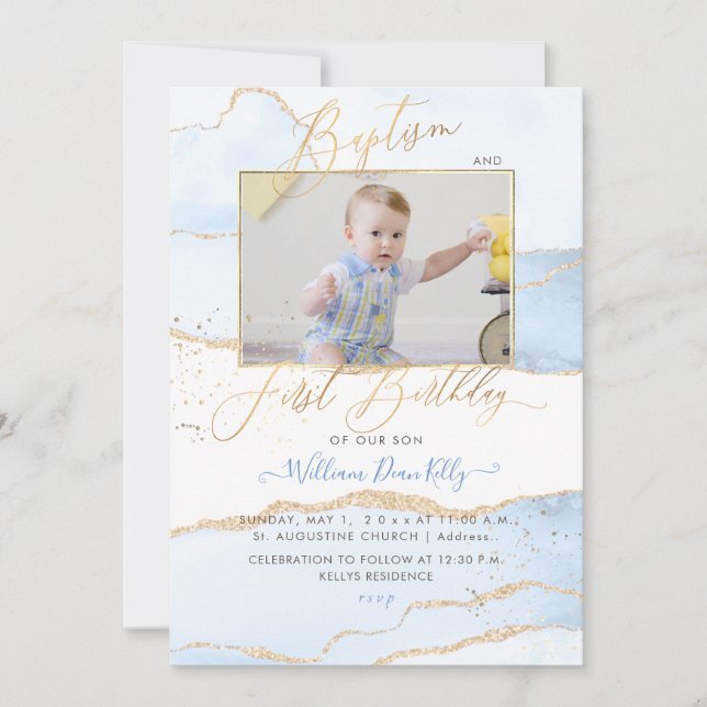 Invitation PixDezines Aquarelle Agate Baptême 1er anniversair (Devant)