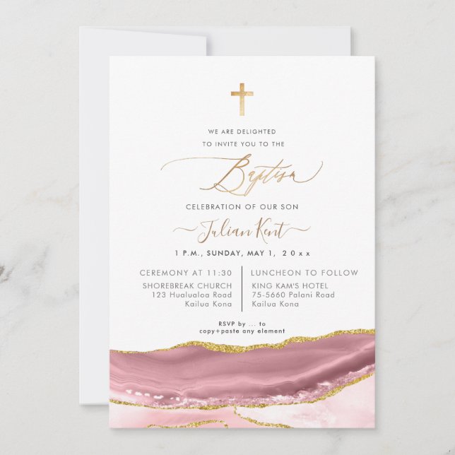 Invitation PixDezines Aquarelle Agate Dusty Mauve Baptême (Devant)