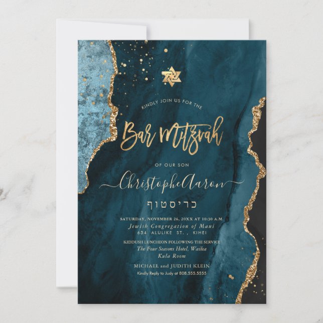 Invitation PixDezines Aquarelle Agate, Or Turquoise (Devant)