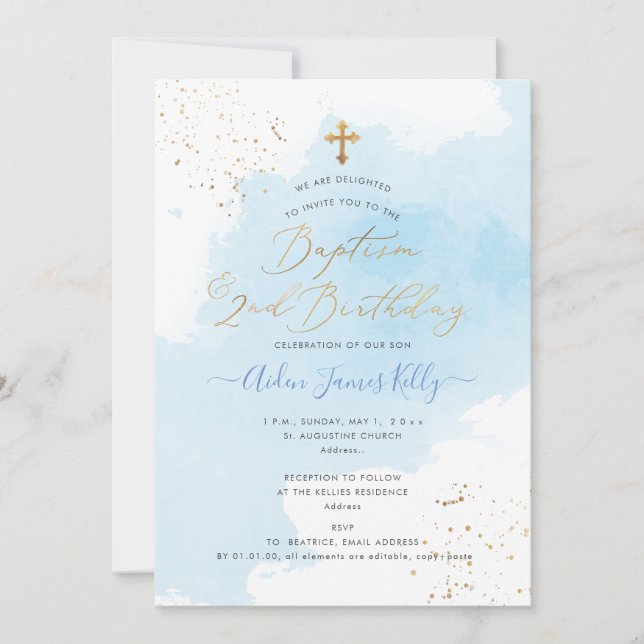 Invitation PixDezines Aquarelle Baptême bleu + 2e anniversair (Devant)