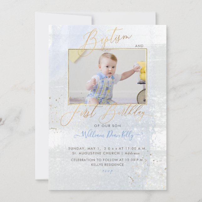 Invitation PixDezines Aquarelle Baptême Brossé 1er Anniversai (Devant)