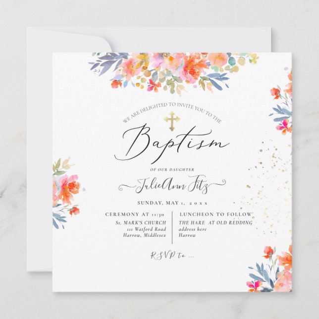 Invitation PixDezines Aquarelle Baptême Rose d'été (Devant)