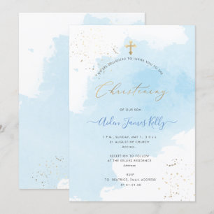 Invitation PixDezines Aquarelle Bleue Confetti Christening