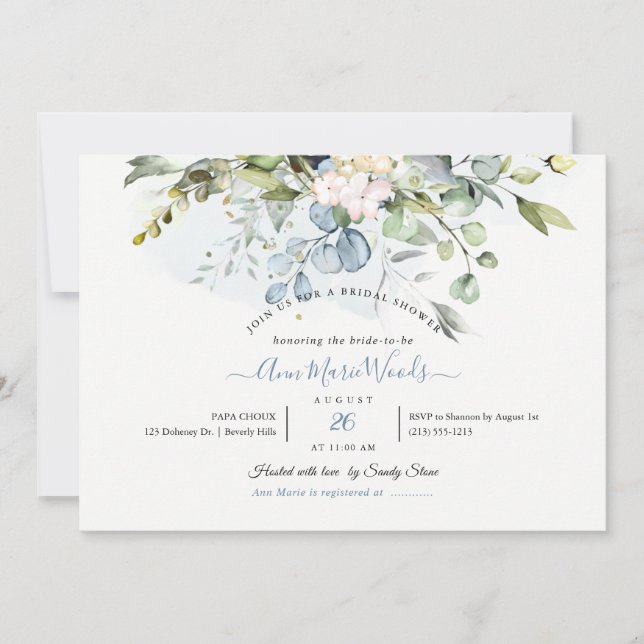 Invitation PixDezines Aquarelle Bleue Gomme Eucalyptus Bridal (Devant)