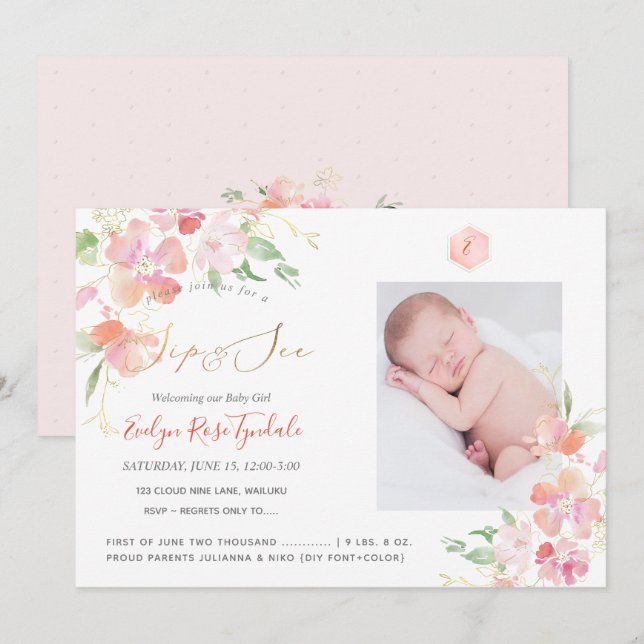 Invitation PixDezines Aquarelle Blush Sweet Peas Sip+Voir (Devant / Derrière)