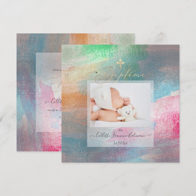 Invitation PixDezines Aquarelle Brossé Baptême Fille (Devant / Derrière)