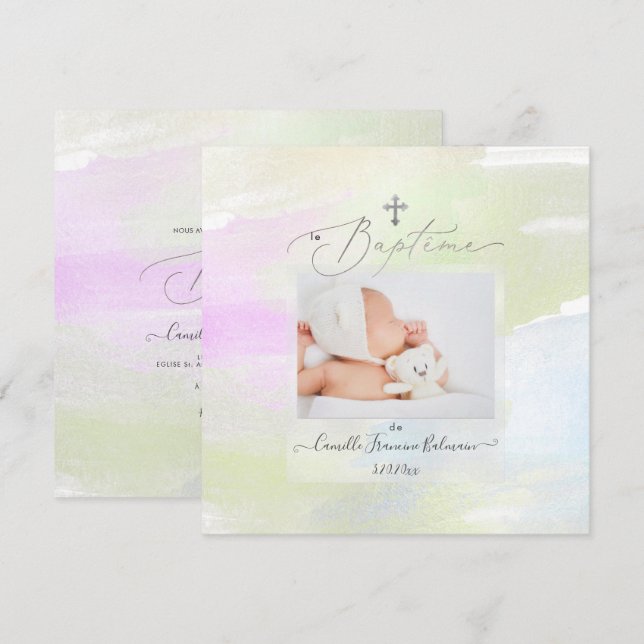 Invitation PixDezines Aquarelle Brush, Baptême Fille (Devant / Derrière)