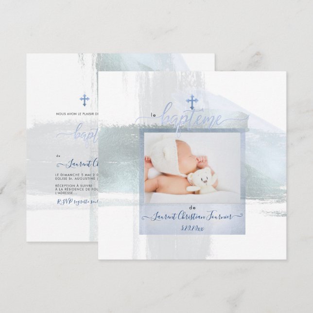 Invitation PixDezines Aquarelle Brush Stroke, Garçon Baptême (Devant / Derrière)