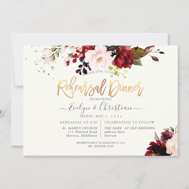 Invitation PixDezines Aquarelle Burgundy Blush Roses (Devant)