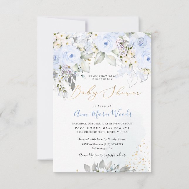 Invitation PixDezines Aquarelle Dusty Blue Rose Baby shower (Devant)