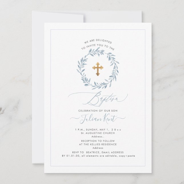 Invitation PixDezines Aquarelle Dusty Blue Wreath (Devant)