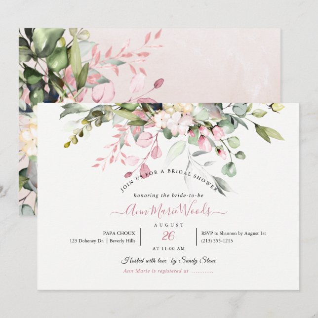 Invitation PixDezines Aquarelle Dusty rose Eucalyptus nuptial (Devant / Derrière)