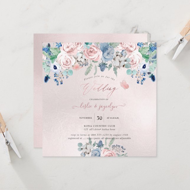 Invitation PixDezines Aquarelle Dusty Rose Mariage bleu marin (Devant/Arrière en situation)