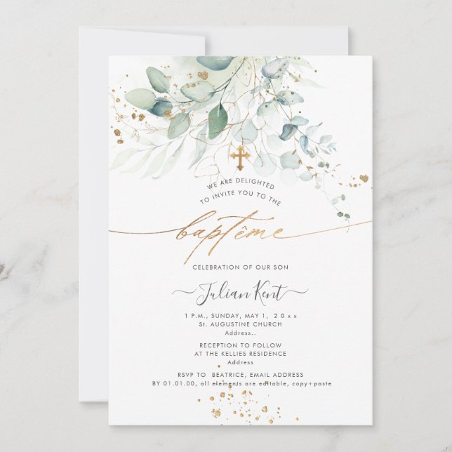 Invitation PixDezines Aquarelle Eucalyptus Baptême (Devant)