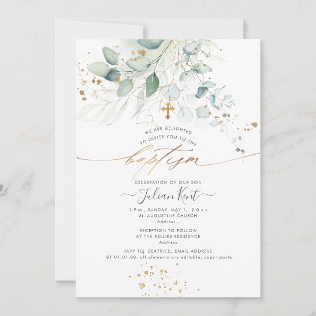 Invitation PixDezines Aquarelle Eucalyptus Baptême (Devant)