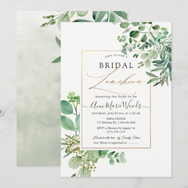 Invitation PixDezines Aquarelle Eucalyptus Bridal Luncheon (Devant / Derrière)