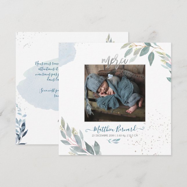 Invitation PixDezines Aquarelle Faire-partie de NaissanceGarç (Devant / Derrière)