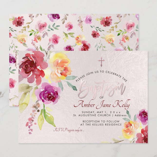 Invitation PixDezines Aquarelle Fleurs Rose Baptême (Devant / Derrière)