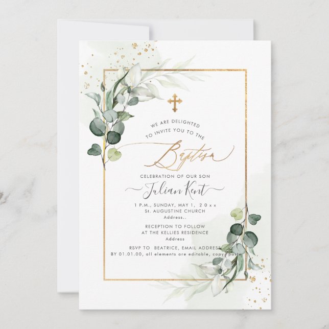 Invitation PixDezines Aquarelle Gum Eucalyptus Baptême (Devant)