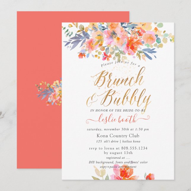 Invitation PixDezines Aquarelle, Jardin Rose Brunch Bubbly (Devant / Derrière)
