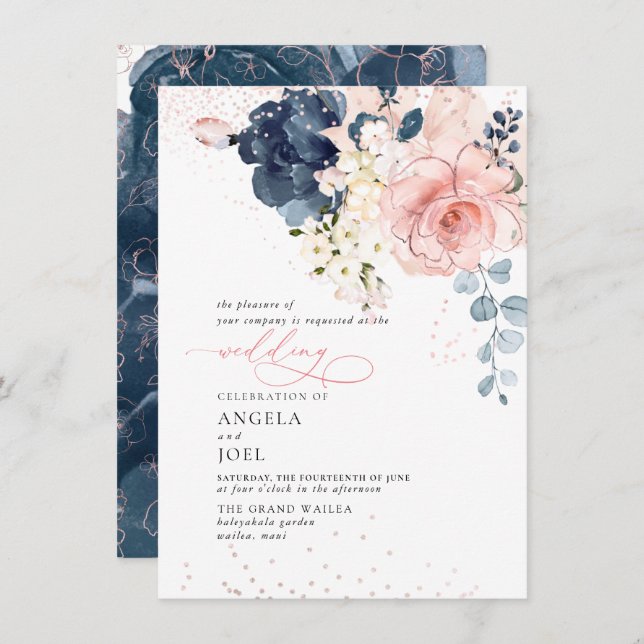 Invitation PixDezines Aquarelle Navy Fleurs de chasse Invitat (Devant / Derrière)