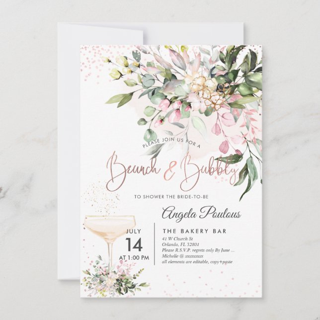 Invitation PixDezines Aquarelle Pink Gum Brunch Bubbly (Devant)
