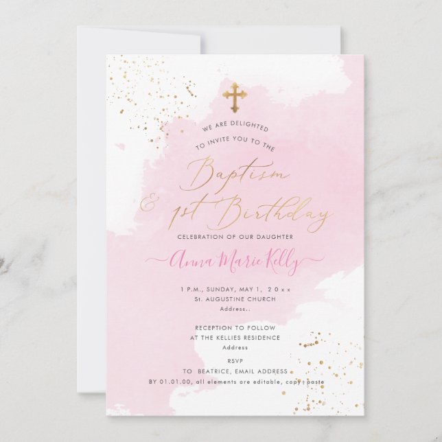 Invitation PixDezines Aquarelle rose Baptême+1er Anniversaire (Devant)