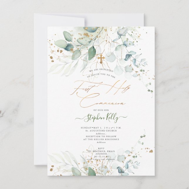 Invitation PixDezines Aquarelle Rustique Eucalyptus Communion (Devant)