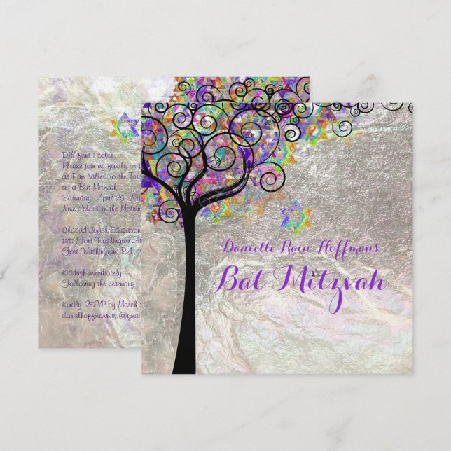 Invitation PixDezines arbre de vie Bat mitzvah/fausse feuille (Devant / Derrière)
