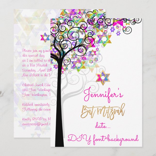 Invitation PixDezines ARBRE DE VIE BAT MITZVAH/NEON ROSE (Devant / Derrière)