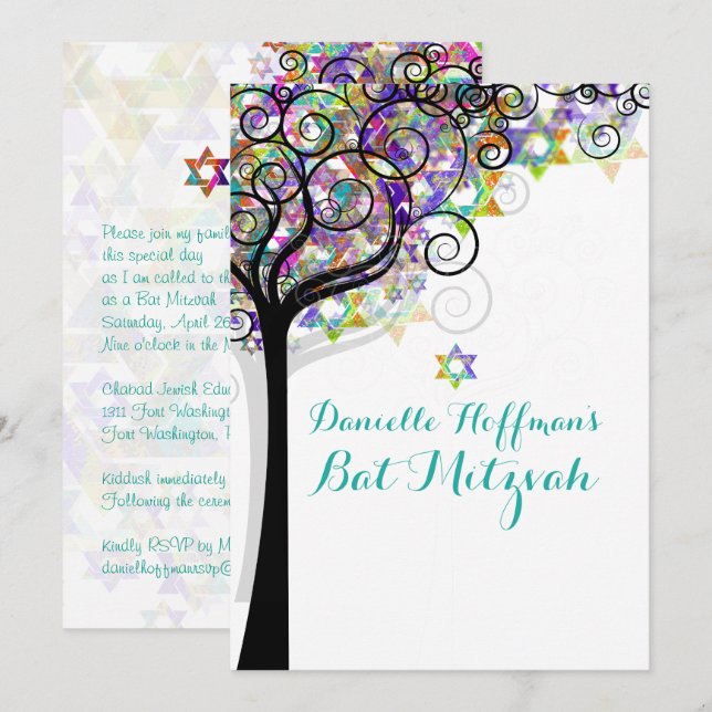 Invitation PixDezines ARBRE DE VIE BAT MITZVAH/PURPLE/PINK (Devant / Derrière)