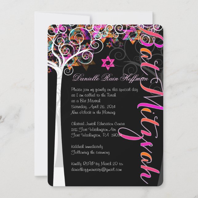 Invitation PixDezines arbre de vie Bat mitzvah/tableau de bor (Devant)