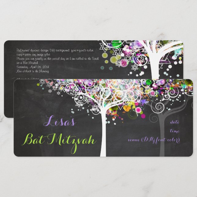 Invitation PixDezines arbre de vie Bat mitzvah/tableau de bor (Devant / Derrière)