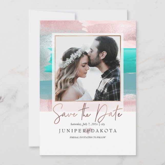 Invitation PixDezines Art Moderne, Rose Gold Turquoise Aqua (Devant)