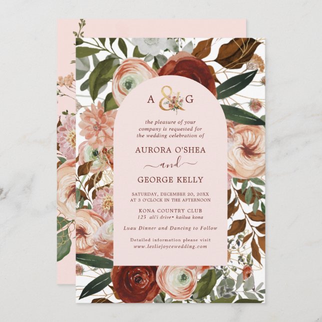 Invitation PixDezines Automne Love H2 Marsala Fleurs rouges I (Devant / Derrière)