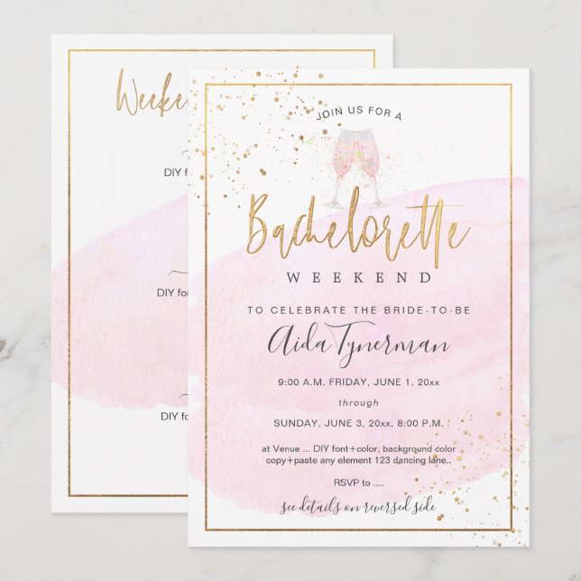 Invitation PixDezines Bachelorette Week-end Aquarelle rose (Devant / Derrière)