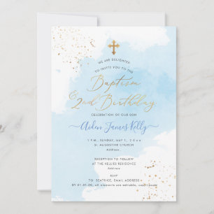 Invitation PixDezines Baptême à l'aquarelle bleue + 2e annive