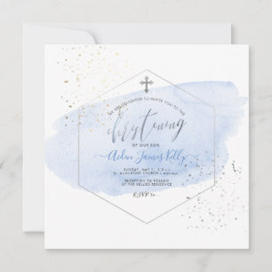 Invitation PixDezines Baptême à l'aquarelle bleue et en nid d