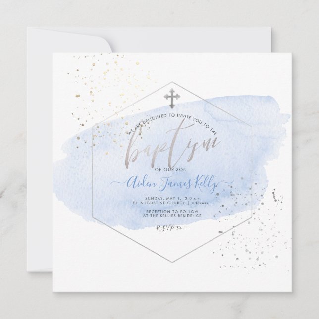 Invitation PixDezines Baptême Aquarelle bleue+Nid d'abeille (Devant)
