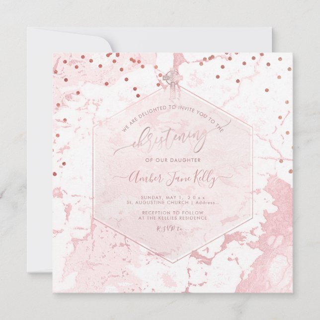 Invitation PixDezines Baptême Blush Nid d'abeille Marbre (Devant)