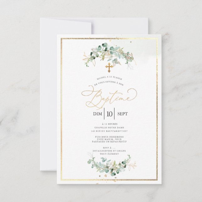 Invitation PixDezines Baptême d'Eucalyptus Rustique Aquarelle (Devant)