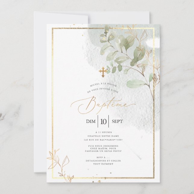 Invitation PixDezines Baptême d'Eucalyptus Rustique Aquarelle (Devant)