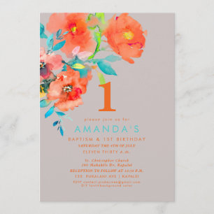 Invitation PixDezines Baptême + Fleurs aquarelles 1er anniver