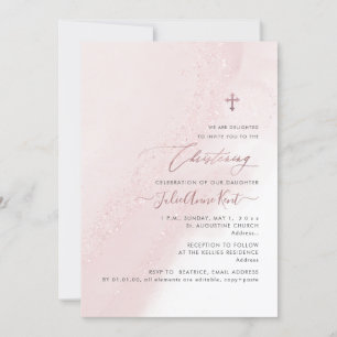 Invitation PixDezines Baptême Rose Pâle Or Rose